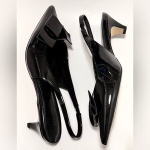 Patent Pointed-Toe Slingback Mules with Bow Accent - Black